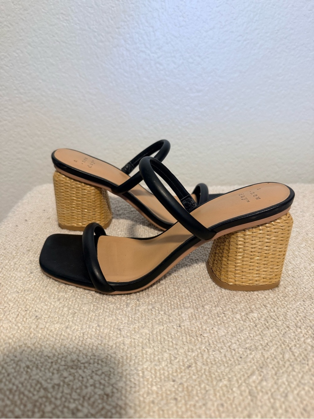 a new day Black Strappy Sandals with Woven Tan Block Heel